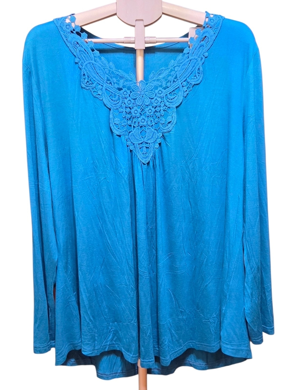 Tralilbee Blue Teal Crochet Neck Long Sleeve Top Shirt New